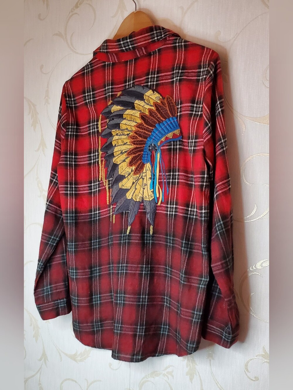 Plaid Longsleeve Top Native American Embroidered Large